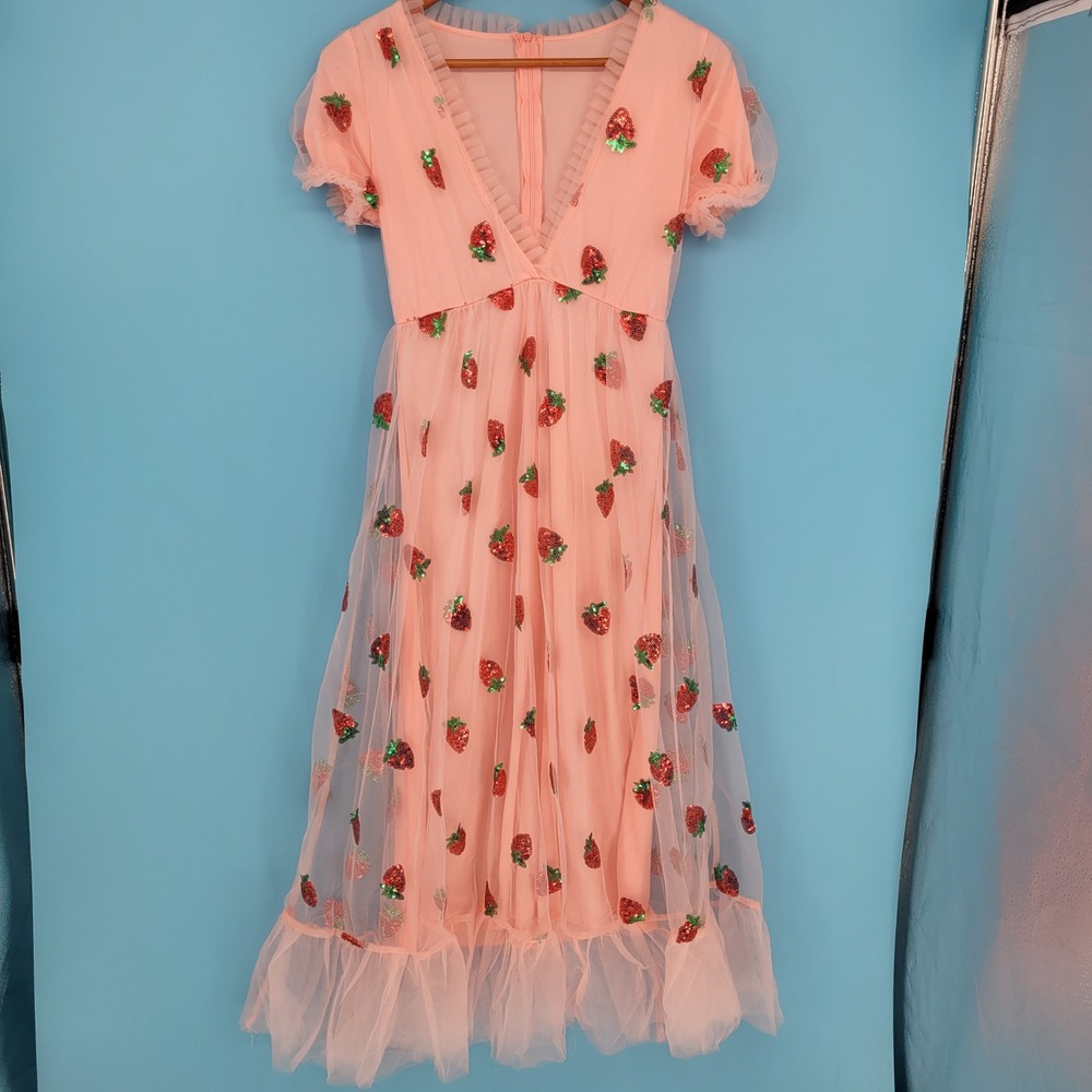 Strawberry Midi Dress Womens Size S Pink Sequin Tulle Cottagecore low v neck